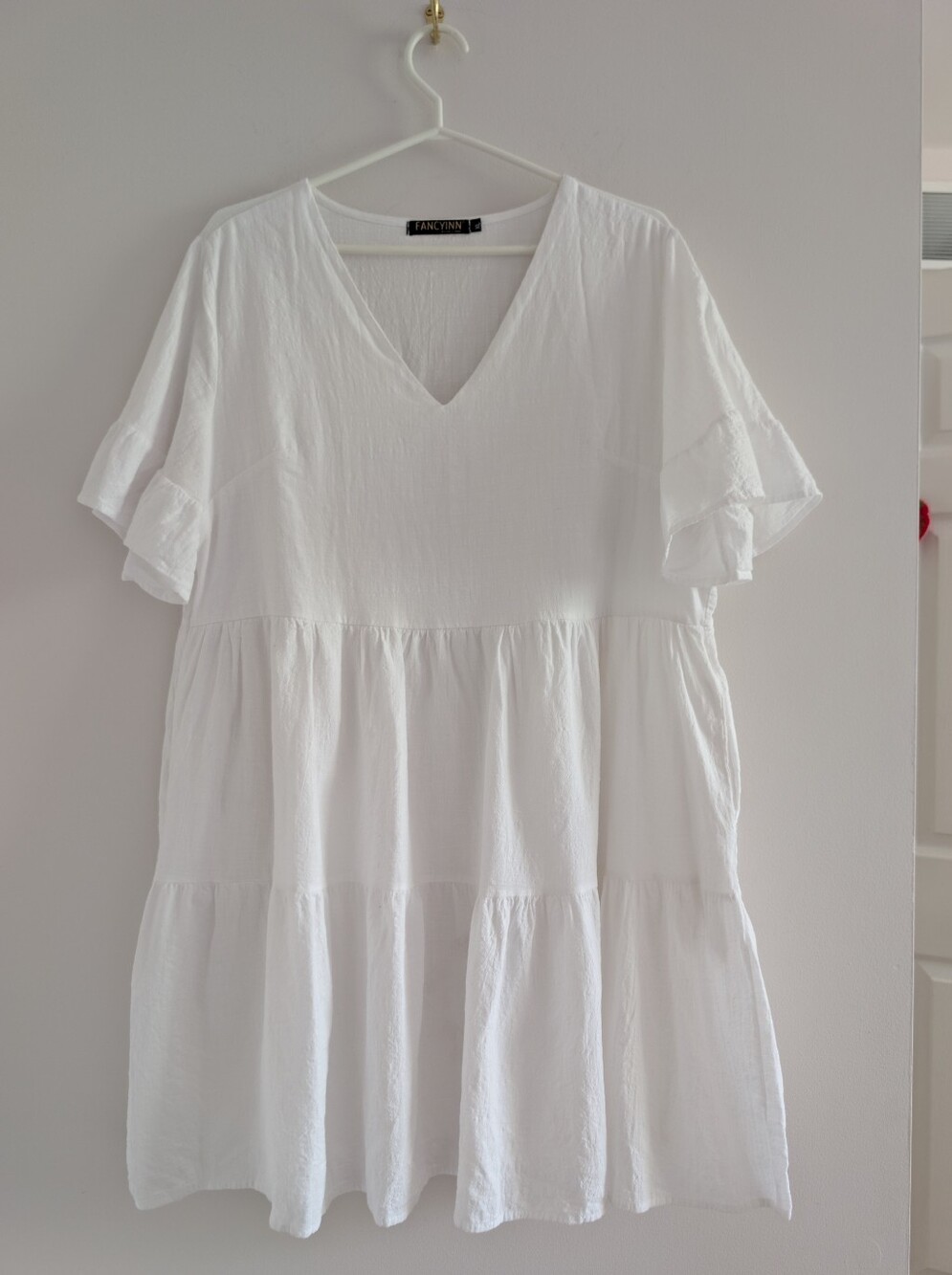 Fancyinn White Tiered V-Neck Cotton Dress